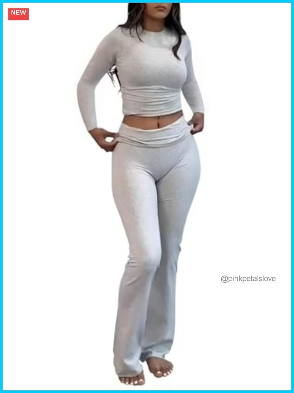 Women's 2 Piece Lounge Set Foldover Flare Pants Long Sleeve Fitted Pajama Set